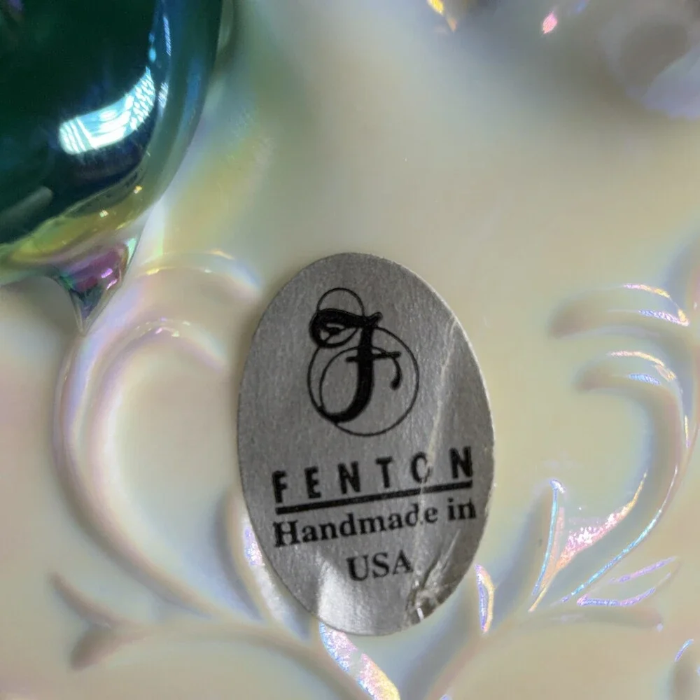 Fenton Teal Crest Spanish Lace Iridized Milk Glass Basket 1990s C3538 TC MINT